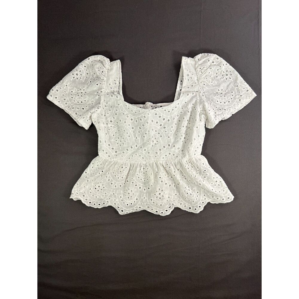 Cottagecore Coquette White Eyelet Lace Puff Sleeve Peplum Top Square Neck S